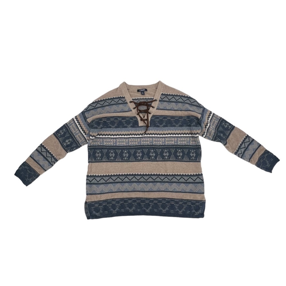 CHAPS Brown Blue Striped Long Sleeve V-Neck Sweater Size Medium Women’s